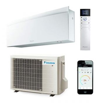 Binnen- en buitendeel van de Daikin Emura Split airco 2kW, wit binnendeel, afstandsbediening en slimme app
