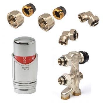 Haakse aansluitset voor radiator met 15mm buis