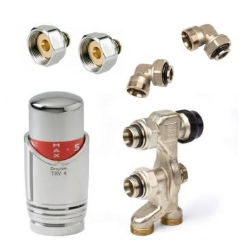Haakse aansluitset met thermostaatknop voor radiator met 16mm buis