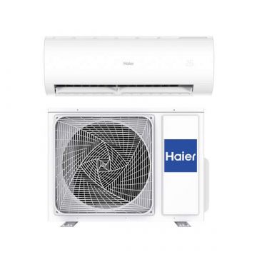 Vooraanzicht van het binnen- en buitendeel van de Haier Pearl split airco 2,5kW