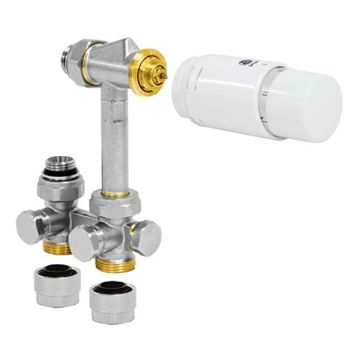 Totaalpakket van de Jaga aansluitset 104 met witte thermostaatknop