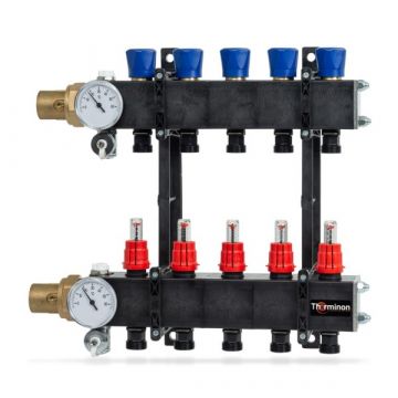 Therminon 5 groeps composiet vloerverwarmingsverdeler zonder pomp met debietmeters