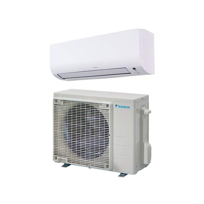 Vooraanzicht van het binnen- en buitendeel van de Daikin Comfora split unit airco 2,5kW
