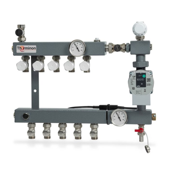 Therminon 7 groeps stalen vloerverwarmingsverdeler LTV Compact dubbel afsluitbaar + A-label pomp