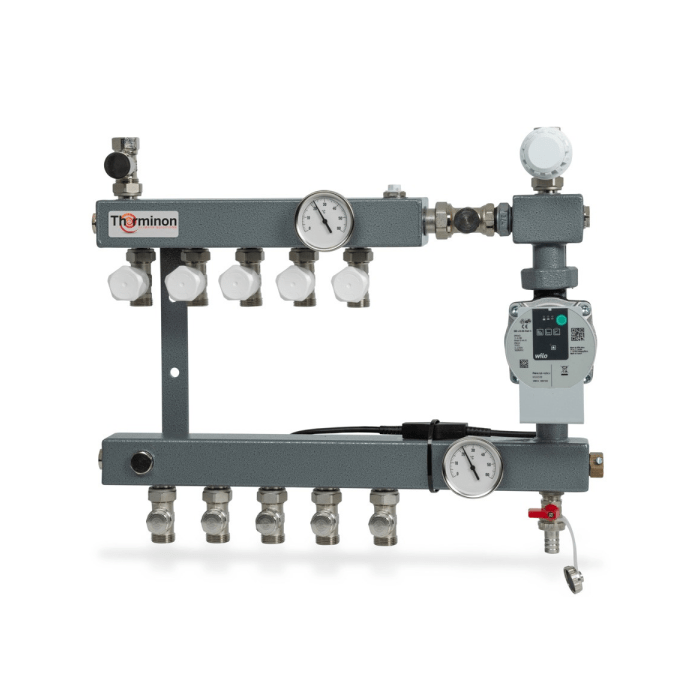 Therminon 9 groeps stalen vloerverwarmingsverdeler LTV Compact dubbel afsluitbaar + A-label pomp