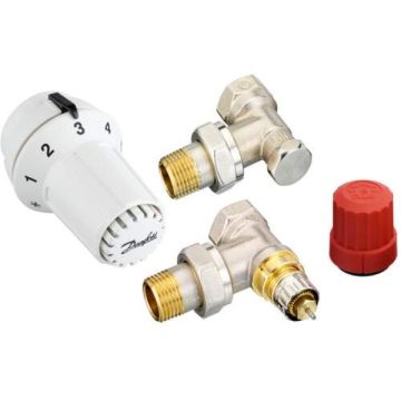 Danfoss thermostaatknop + haaks voetventiel + radiatorafsluiter haaks aansluitset