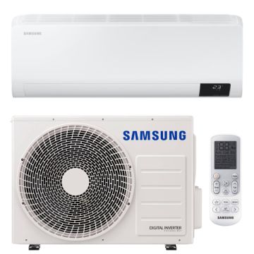 Vooraanzicht van het binnendeel, de buitenunit en de afstandsbediening van de Samsung Luzon S2 5kW split airco
