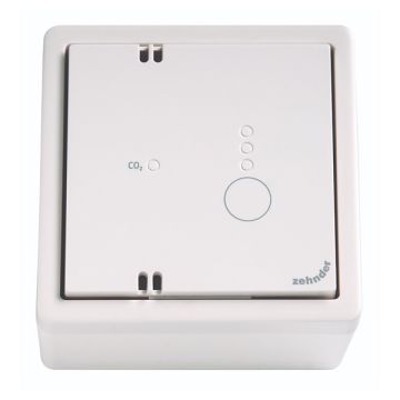 Vooraanzicht van de Zehnder CO2-sensor RF67 inclusief opbouwdoos