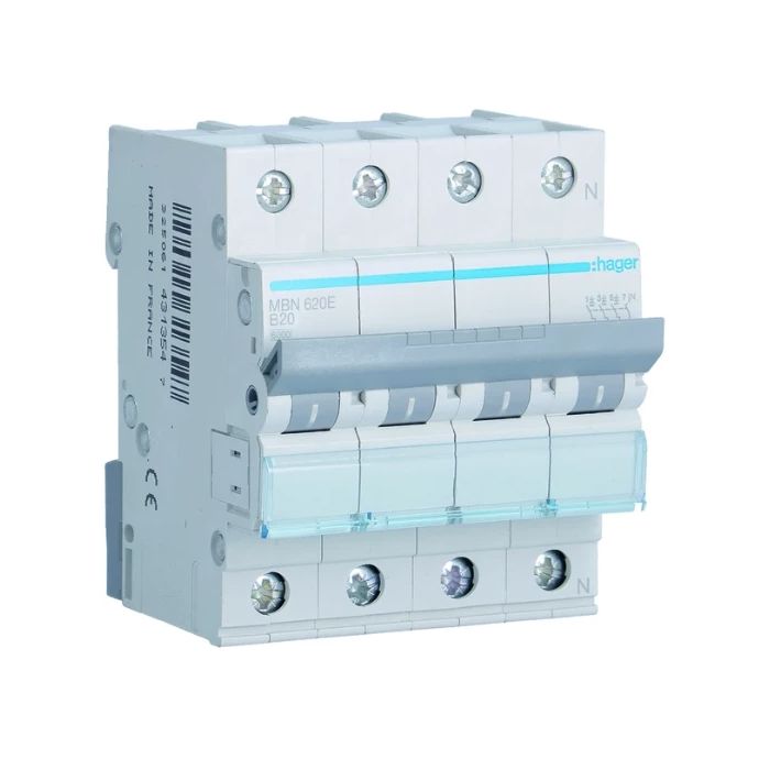 Hager installatieautomaat 3 polig + nul 20A B 6kA