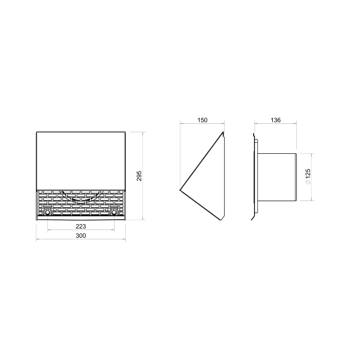 Maattekening van Burgerhout ventilatie muurrooster met diameter 125 millimeter

