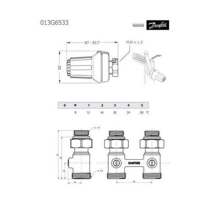 Danfoss thermostaatknop + recht H-blok voetventiel aansluitset