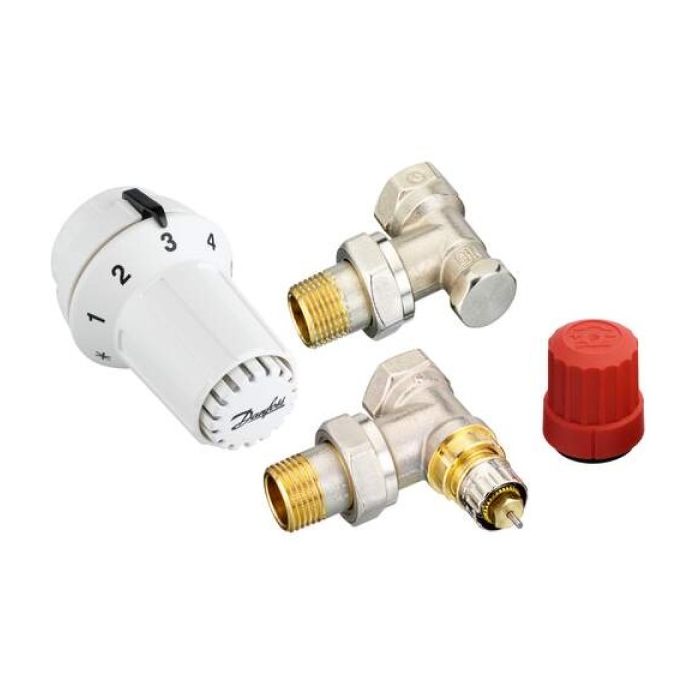 Danfoss thermostaatknop + haaks voetventiel + radiatorafsluiter haaks aansluitset