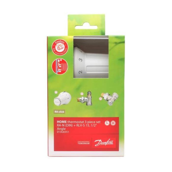 Danfoss thermostaatknop + haaks voetventiel + radiatorafsluiter haaks aansluitset