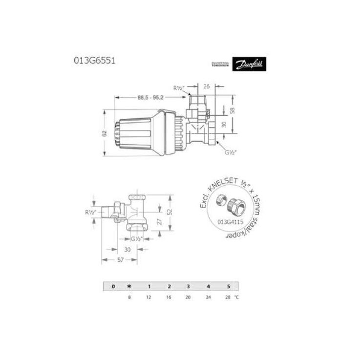 Danfoss thermostaatknop + haaks voetventiel + radiatorafsluiter haaks aansluitset