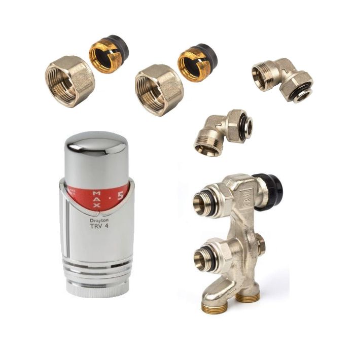 Haakse aansluitset voor radiator met 15mm buis