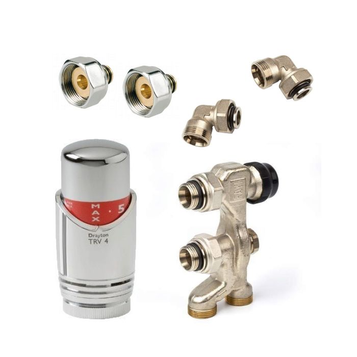 Haakse aansluitset met thermostaatknop voor radiator met 16mm buis