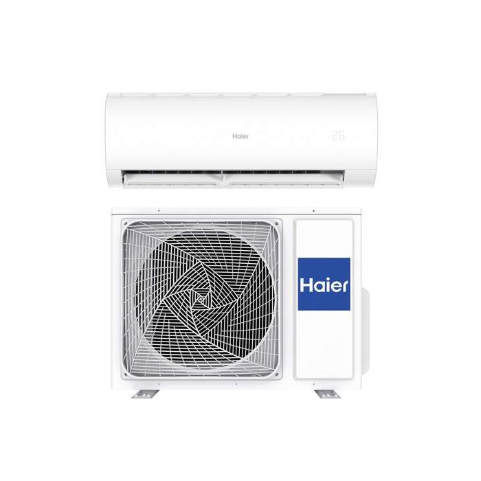 Vooraanzicht van het binnen- en buitendeel van de Haier Pearl split airco 2,5kW