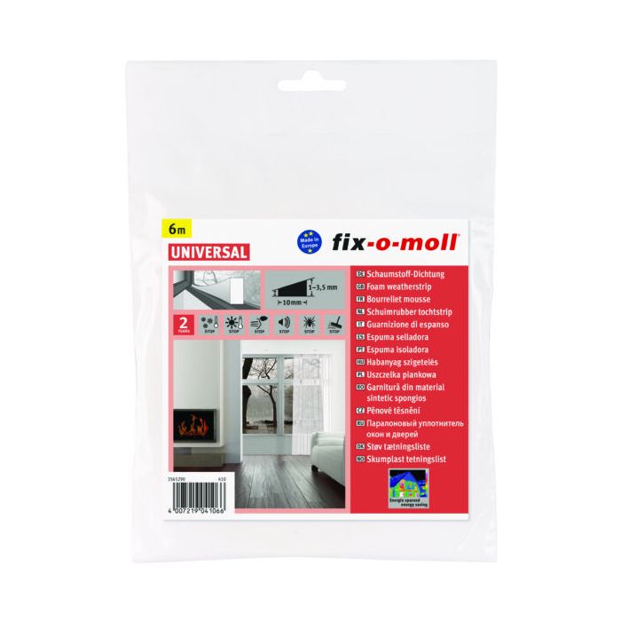 Fix-O-Moll - Tochtwering I-Profiel Universeel Zelfklevend (Schuim) - 6m 10x4mm - Wit