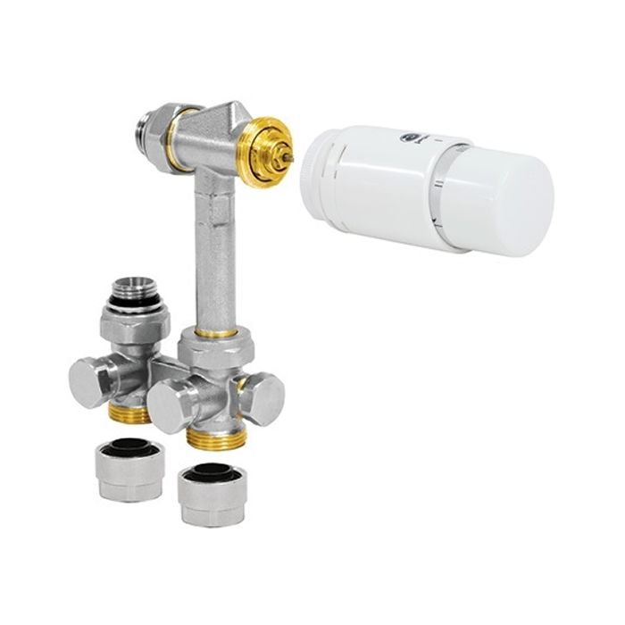 Totaalpakket van de Jaga aansluitset 104 met witte thermostaatknop