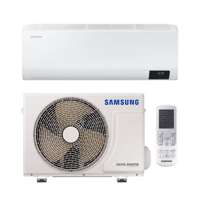 Vooraanzicht van het binnendeel, de buitenunit en de afstandsbediening van de Samsung Luzon S2 3,5kW split airco
