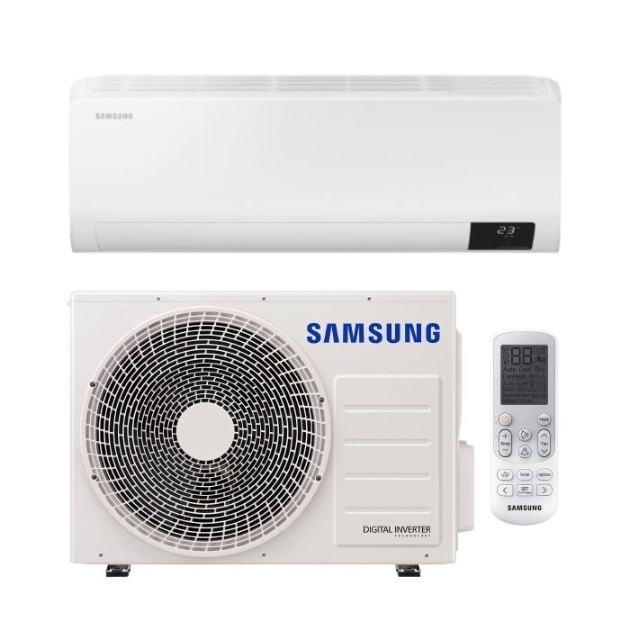 Vooraanzicht van het binnendeel, de buitenunit en de afstandsbediening van de Samsung Luzon S2 5kW split airco

