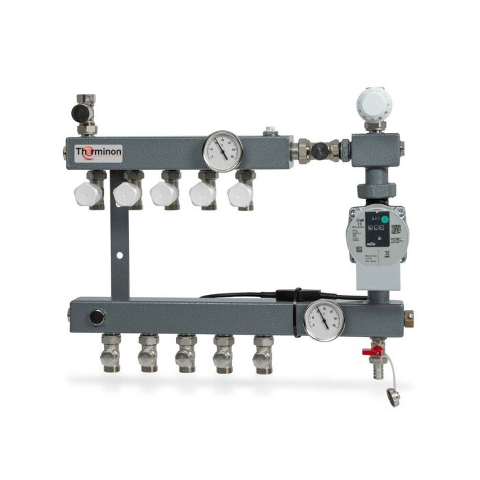Therminon 8 groeps stalen vloerverwarmingsverdeler LTV Compact dubbel afsluitbaar + A-label pomp
