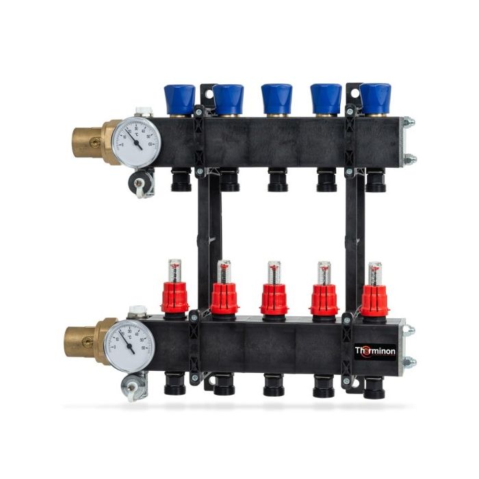 Therminon 9 groeps composiet vloerverwarmingsverdeler zonder pomp met debietmeters