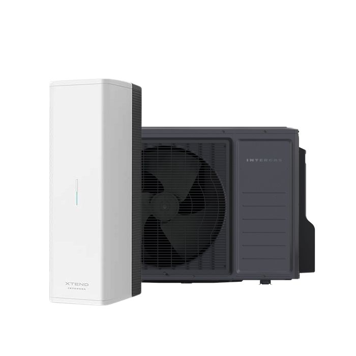 Pakket bestaande uit de nieuwe Intergas Xtend Cool Grey buitenunit en het binnendeel van de Intergas Xtend