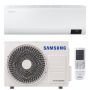 Vooraanzicht van het binnendeel, de buitenunit en de afstandsbediening van de Samsung Luzon S2 6,5kW split airco